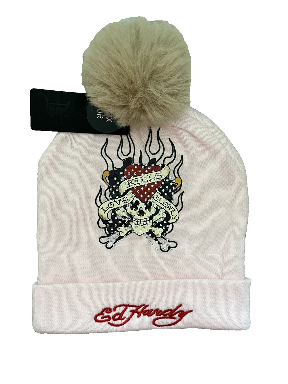 Women's Ed Hardy Pink One Size Winter Pom Pom Hat Rhinestones New With Tags